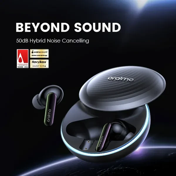 oraimo SpaceBuds 50dB ANC Noise Cancelling Earbuds with Personalized Voice Prompt and Lighting