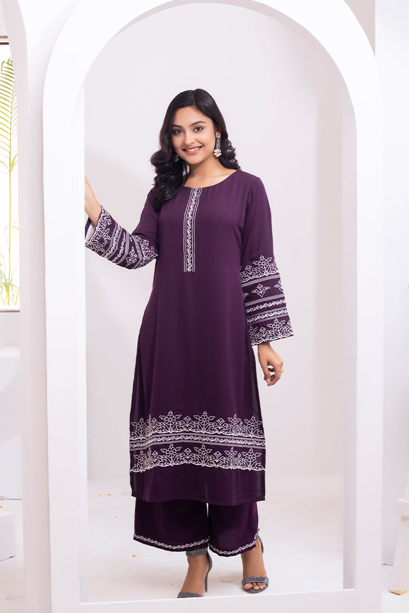 Dark Purple Cherry Georgette Kurti and Pant Women 1122 000075